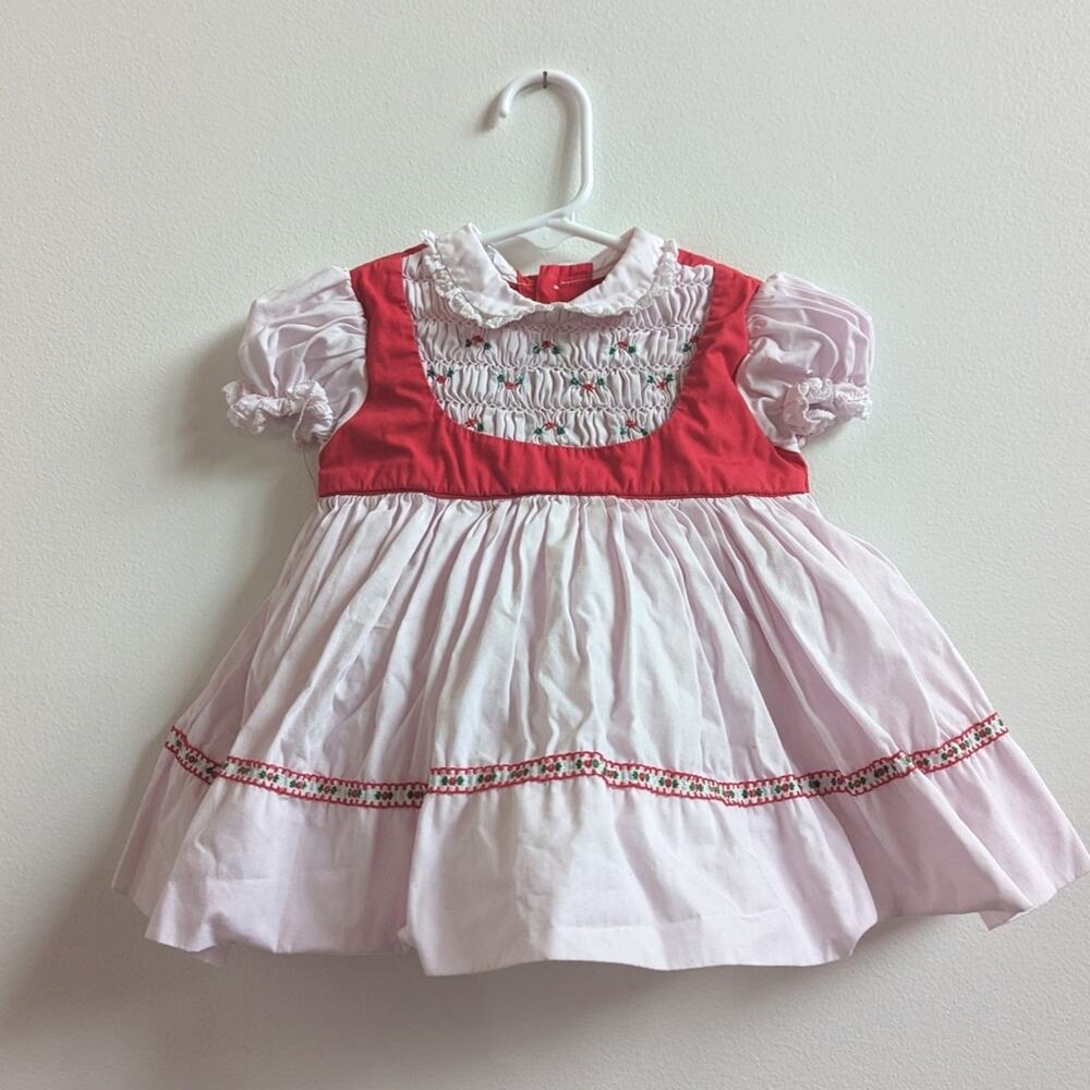 Vtg Polly Flinders 9-12m Red Smocked Christmas Dress Christmas